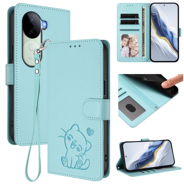 Embossed Heart Cat Leather Phone Case with Hand Strap, For vivo X200 Pro mini, For vivo X200 Pro, For vivo Y100 4G IDN / V30 Lite 4G / V30 SE, For vivo iQOO Z9s / vivo V40e