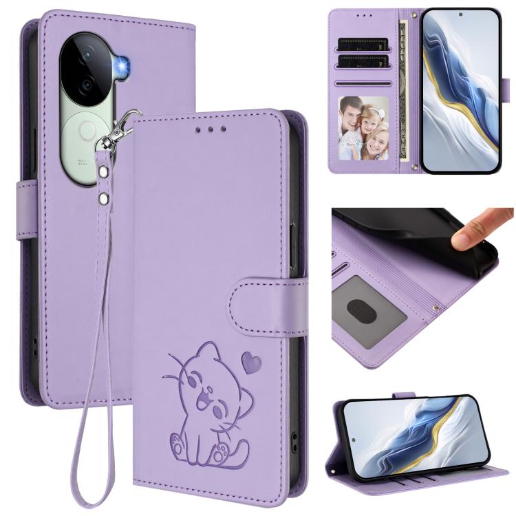 Embossed Heart Cat Leather Phone Case with Hand Strap, For vivo X200 Pro mini, For vivo X200 Pro, For vivo Y100 4G IDN / V30 Lite 4G / V30 SE, For vivo iQOO Z9s / vivo V40e