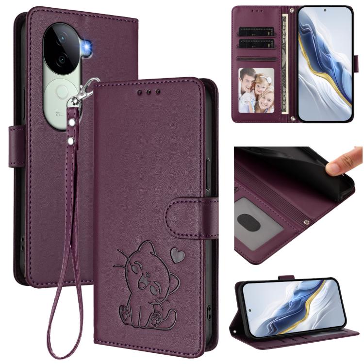 Embossed Heart Cat Leather Phone Case with Hand Strap, For vivo X200 Pro mini, For vivo X200 Pro, For vivo Y100 4G IDN / V30 Lite 4G / V30 SE, For vivo iQOO Z9s / vivo V40e