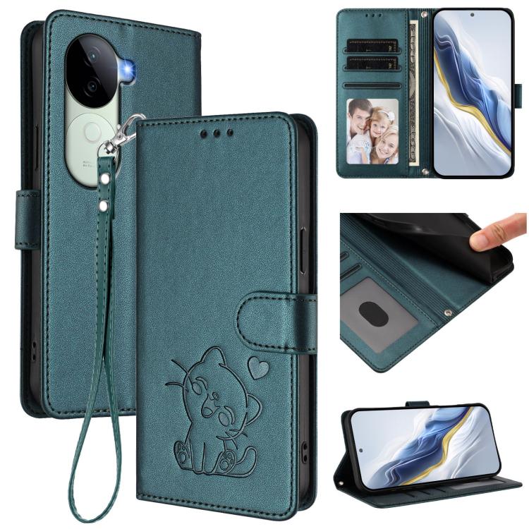 Embossed Heart Cat Leather Phone Case with Hand Strap, For vivo X200 Pro mini, For vivo X200 Pro, For vivo Y100 4G IDN / V30 Lite 4G / V30 SE, For vivo iQOO Z9s / vivo V40e