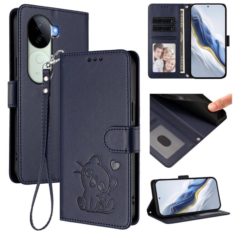 Embossed Heart Cat Leather Phone Case with Hand Strap, For vivo X200 Pro mini, For vivo X200 Pro, For vivo Y100 4G IDN / V30 Lite 4G / V30 SE, For vivo iQOO Z9s / vivo V40e
