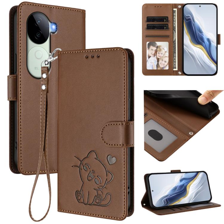 Embossed Heart Cat Leather Phone Case with Hand Strap, For vivo X200 Pro mini, For vivo X200 Pro, For vivo Y100 4G IDN / V30 Lite 4G / V30 SE, For vivo iQOO Z9s / vivo V40e