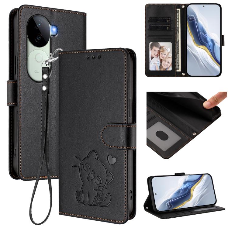 Embossed Heart Cat Leather Phone Case with Hand Strap, For vivo X200 Pro mini, For vivo X200 Pro, For vivo Y100 4G IDN / V30 Lite 4G / V30 SE, For vivo iQOO Z9s / vivo V40e