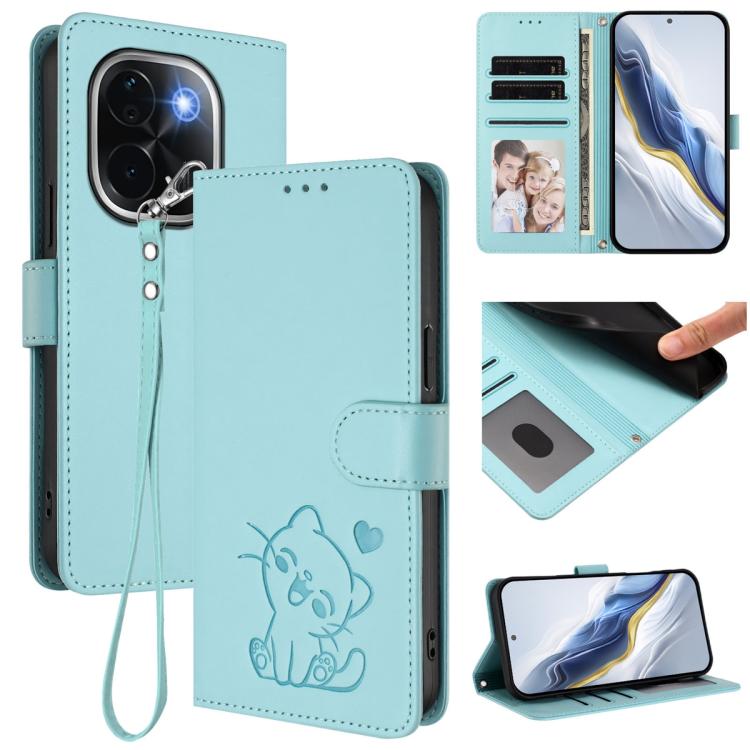 Embossed Heart Cat Leather Phone Case with Hand Strap, For vivo S19 Pro / V40 / V40 Pro / T3 Ultra, For vivo iQOO Z9 Lite / Y18 / Y28s / Y37m 5G, For vivo iQOO Z9s Pro / vivo T3 Pro 5G, For vivo V40 Lite 5G / vivo V30e