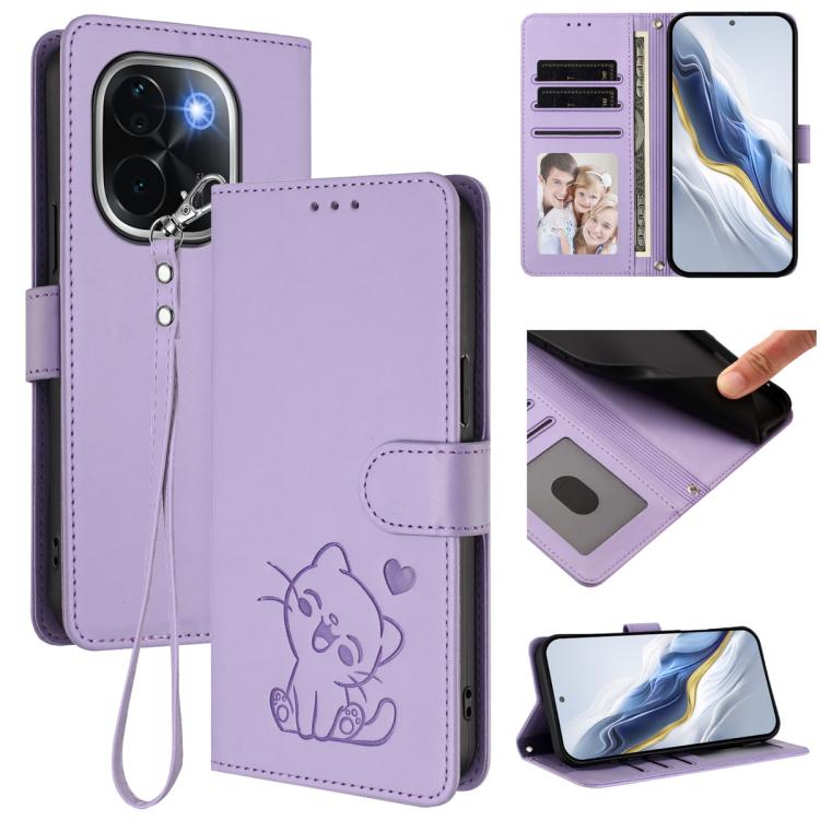 Embossed Heart Cat Leather Phone Case with Hand Strap, For vivo S19 Pro / V40 / V40 Pro / T3 Ultra, For vivo iQOO Z9 Lite / Y18 / Y28s / Y37m 5G, For vivo iQOO Z9s Pro / vivo T3 Pro 5G, For vivo V40 Lite 5G / vivo V30e