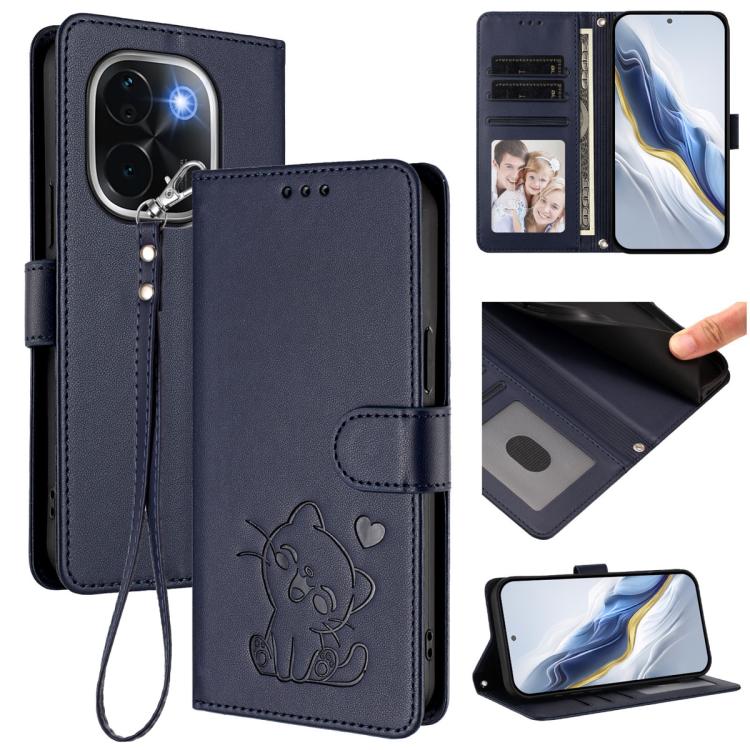 Embossed Heart Cat Leather Phone Case with Hand Strap, For vivo S19 Pro / V40 / V40 Pro / T3 Ultra, For vivo iQOO Z9 Lite / Y18 / Y28s / Y37m 5G, For vivo iQOO Z9s Pro / vivo T3 Pro 5G, For vivo V40 Lite 5G / vivo V30e