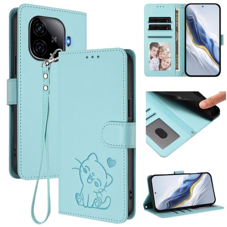 Embossed Heart Cat Leather Phone Case with Hand Strap, For vivo Y38 / vivo T3x Global, For vivo iQOO Z9x, For vivo iQOO Z9 / iQOO Z9 Turbo, For vivo S18 / S18 Pro / V30 / V30 Pro