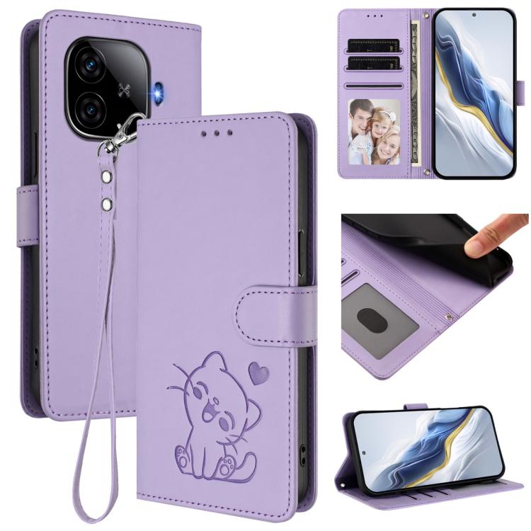 Embossed Heart Cat Leather Phone Case with Hand Strap, For vivo Y38 / vivo T3x Global, For vivo iQOO Z9x, For vivo iQOO Z9 / iQOO Z9 Turbo, For vivo S18 / S18 Pro / V30 / V30 Pro