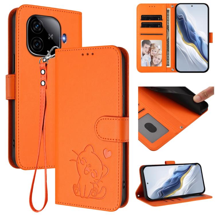 Embossed Heart Cat Leather Phone Case with Hand Strap, For vivo Y38 / vivo T3x Global, For vivo iQOO Z9x, For vivo iQOO Z9 / iQOO Z9 Turbo, For vivo S18 / S18 Pro / V30 / V30 Pro