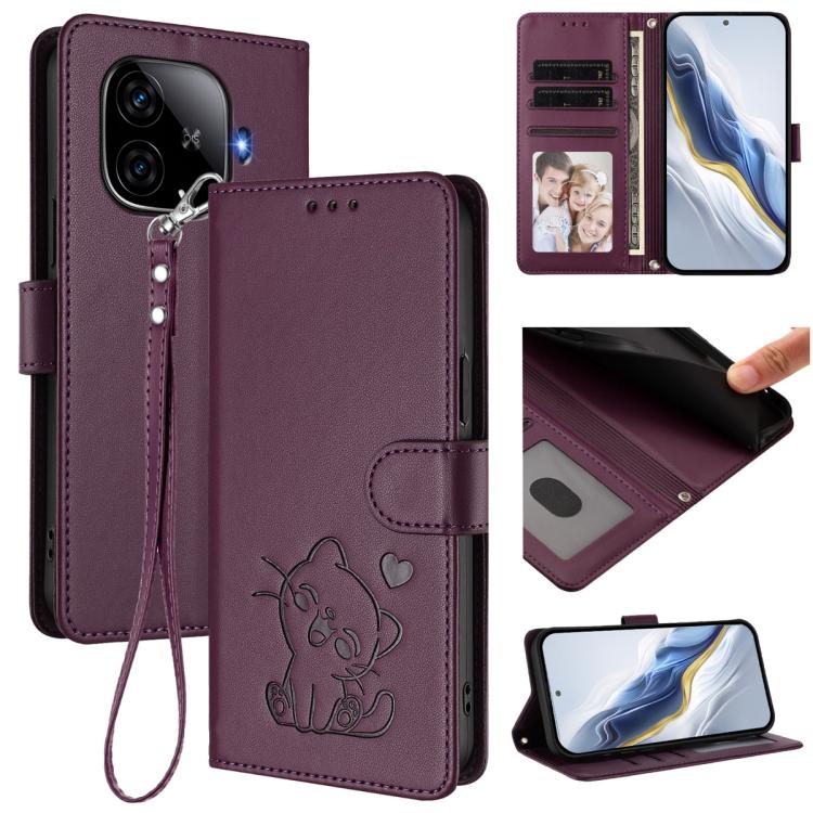 Embossed Heart Cat Leather Phone Case with Hand Strap, For vivo Y38 / vivo T3x Global, For vivo iQOO Z9x, For vivo iQOO Z9 / iQOO Z9 Turbo, For vivo S18 / S18 Pro / V30 / V30 Pro