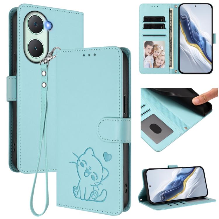 Embossed Heart Cat Leather Phone Case with Hand Strap, For vivo S19 Pro / V40 / V40 Pro / T3 Ultra, For vivo iQOO Z9 Lite / Y18 / Y28s / Y37m 5G, For vivo iQOO Z9s Pro / vivo T3 Pro 5G, For vivo V40 Lite 5G / vivo V30e
