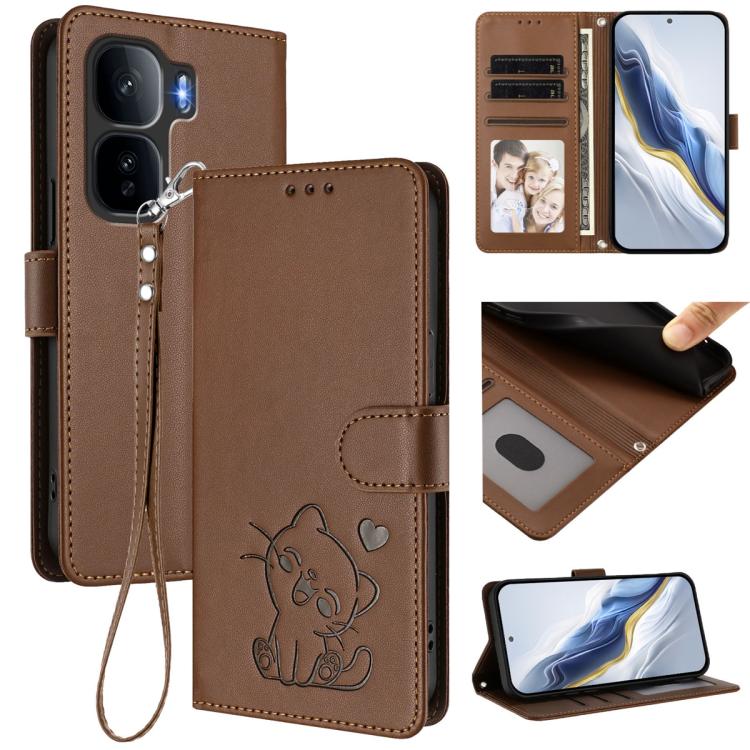 Embossed Heart Cat Leather Phone Case with Hand Strap, For vivo X300 Ultra, For vivo V60 Lite 5G Global, For vivo Y400 5G, For vivo iQOO Neo 10+ 5G