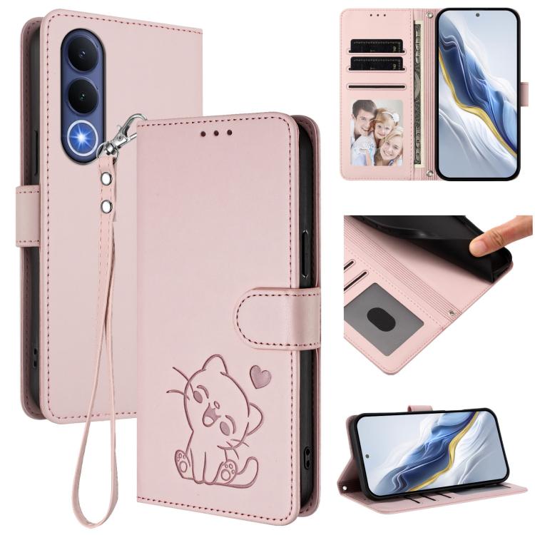 Embossed Heart Cat Leather Phone Case with Hand Strap, For vivo X300 FE 5G / S50 Pro mini 5G, For vivo X300s, For vivo Y21 5G 2026 / vivo Y05 4G, For vivo V70 FE 5G