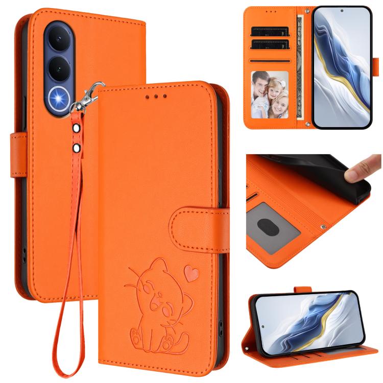 Embossed Heart Cat Leather Phone Case with Hand Strap, For vivo X300 FE 5G / S50 Pro mini 5G, For vivo X300s, For vivo Y21 5G 2026 / vivo Y05 4G, For vivo V70 FE 5G