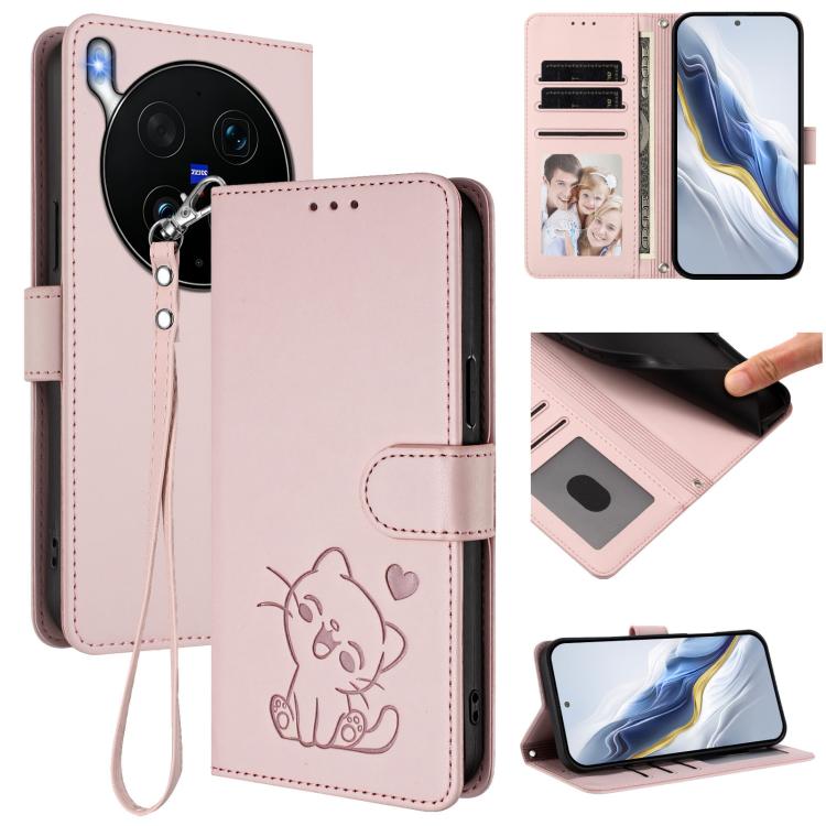 Embossed Heart Cat Leather Phone Case with Hand Strap, For vivo X300 Ultra, For vivo V60 Lite 5G Global, For vivo Y400 5G, For vivo iQOO Neo 10+ 5G