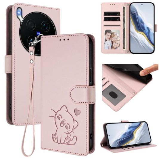 Embossed Heart Cat Leather Phone Case with Hand Strap, For vivo X300 Ultra, For vivo V60 Lite 5G Global, For vivo Y400 5G, For vivo iQOO Neo 10+ 5G