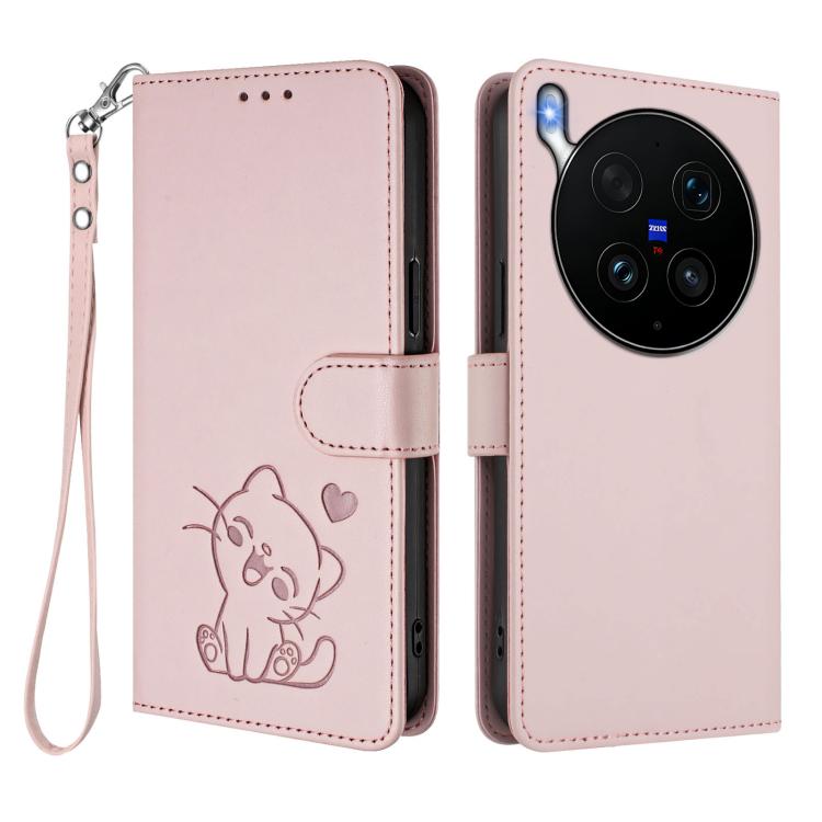 Embossed Heart Cat Leather Phone Case with Hand Strap, For vivo X300 Ultra, For vivo V60 Lite 5G Global, For vivo Y400 5G, For vivo iQOO Neo 10+ 5G