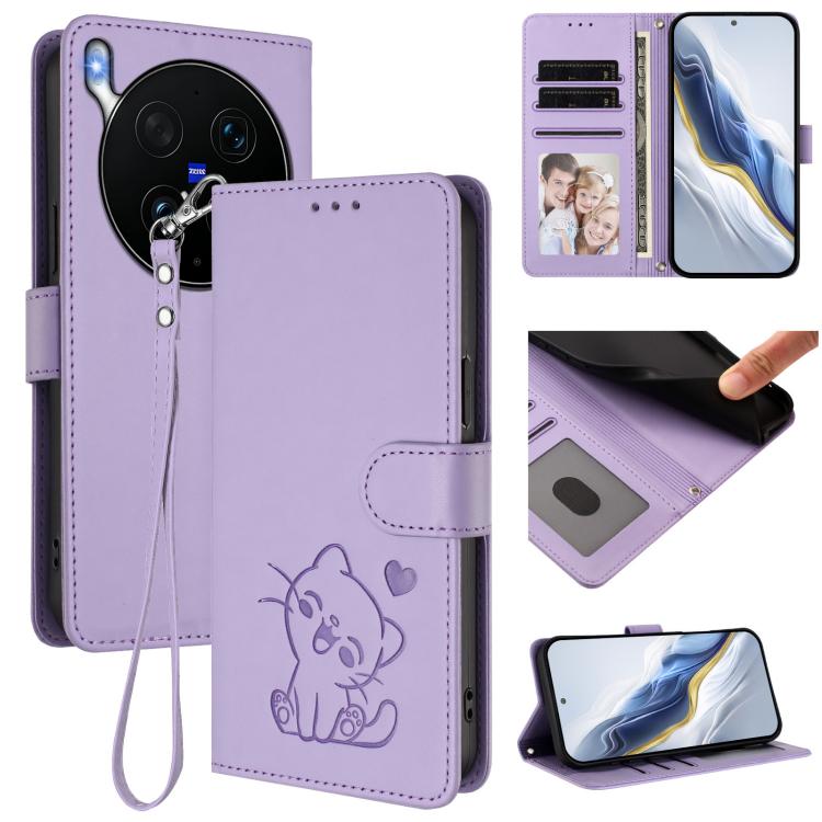 Embossed Heart Cat Leather Phone Case with Hand Strap, For vivo X300 Ultra, For vivo V60 Lite 5G Global, For vivo Y400 5G, For vivo iQOO Neo 10+ 5G