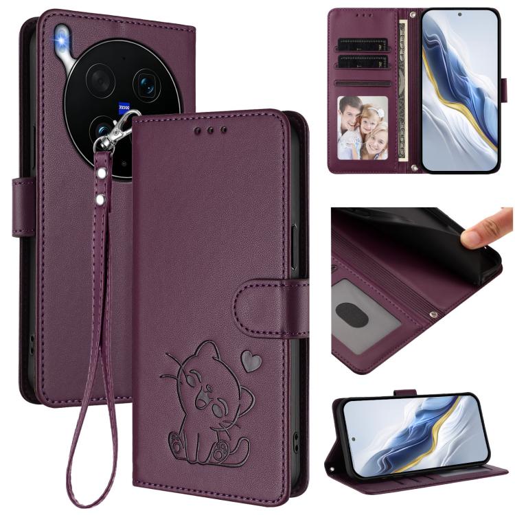 Embossed Heart Cat Leather Phone Case with Hand Strap, For vivo X300 Ultra, For vivo V60 Lite 5G Global, For vivo Y400 5G, For vivo iQOO Neo 10+ 5G