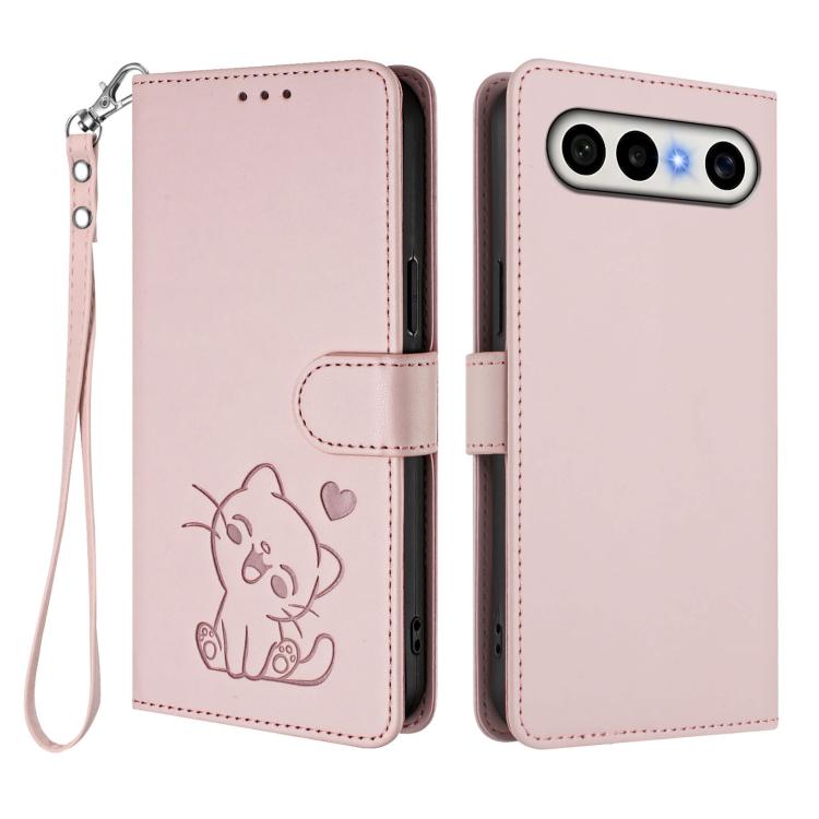Embossed Heart Cat Leather Phone Case with Hand Strap, For vivo X300 FE 5G / S50 Pro mini 5G, For vivo X300s, For vivo Y21 5G 2026 / vivo Y05 4G, For vivo V70 FE 5G
