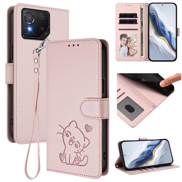Embossed Heart Cat Leather Phone Case with Hand Strap, For ASUS Zenfone 12 Ultra, For ASUS ROG Phone 9 / 9 Pro, For ASUS Zenfone 11 Ultra, For ASUS ROG Phone 8 / 8 Pro