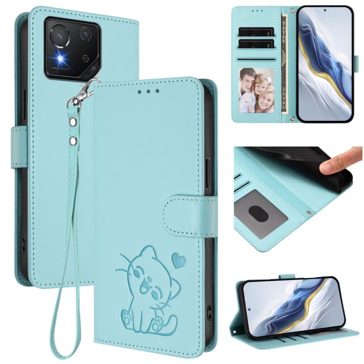 Embossed Heart Cat Leather Phone Case with Hand Strap, For ASUS Zenfone 12 Ultra, For ASUS ROG Phone 9 / 9 Pro, For ASUS Zenfone 11 Ultra, For ASUS ROG Phone 8 / 8 Pro