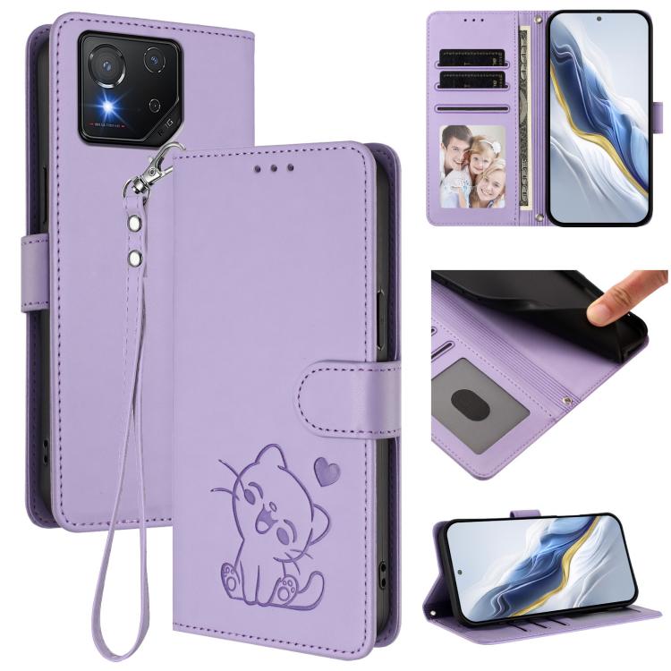 Embossed Heart Cat Leather Phone Case with Hand Strap, For ASUS Zenfone 12 Ultra, For ASUS ROG Phone 9 / 9 Pro, For ASUS Zenfone 11 Ultra, For ASUS ROG Phone 8 / 8 Pro