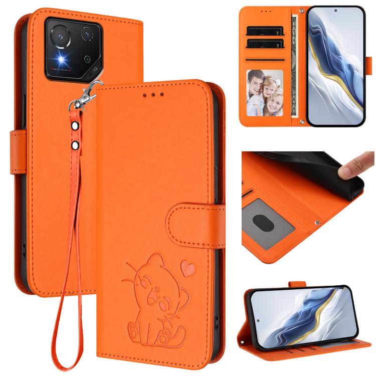 Embossed Heart Cat Leather Phone Case with Hand Strap, For ASUS Zenfone 12 Ultra, For ASUS ROG Phone 9 / 9 Pro, For ASUS Zenfone 11 Ultra, For ASUS ROG Phone 8 / 8 Pro