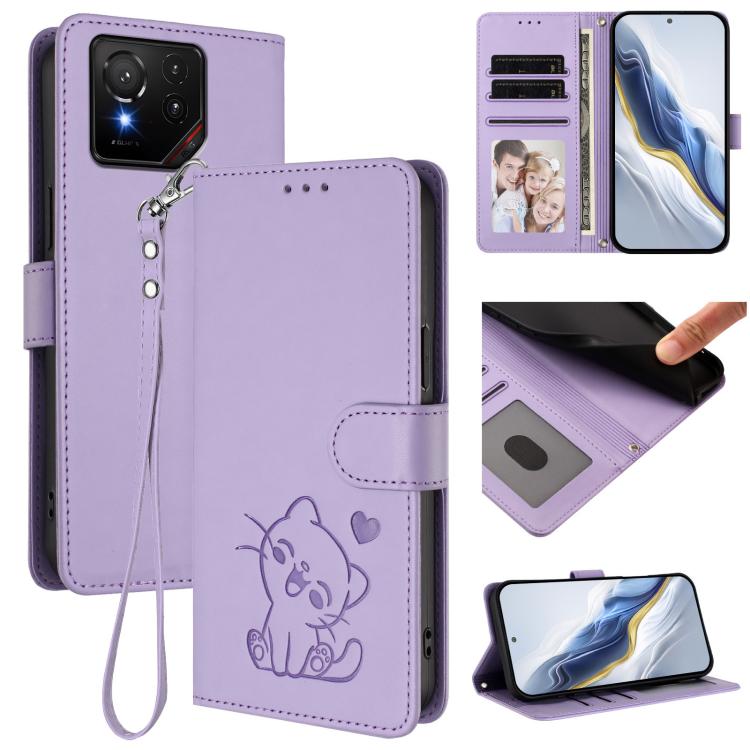 Embossed Heart Cat Leather Phone Case with Hand Strap, For ASUS Zenfone 12 Ultra, For ASUS ROG Phone 9 / 9 Pro, For ASUS Zenfone 11 Ultra, For ASUS ROG Phone 8 / 8 Pro