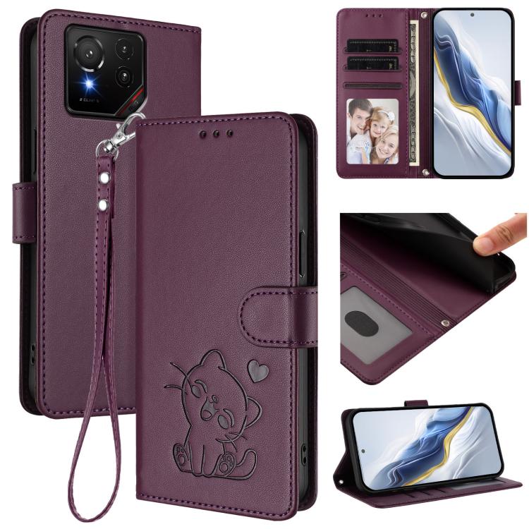 Embossed Heart Cat Leather Phone Case with Hand Strap, For ASUS Zenfone 12 Ultra, For ASUS ROG Phone 9 / 9 Pro, For ASUS Zenfone 11 Ultra, For ASUS ROG Phone 8 / 8 Pro