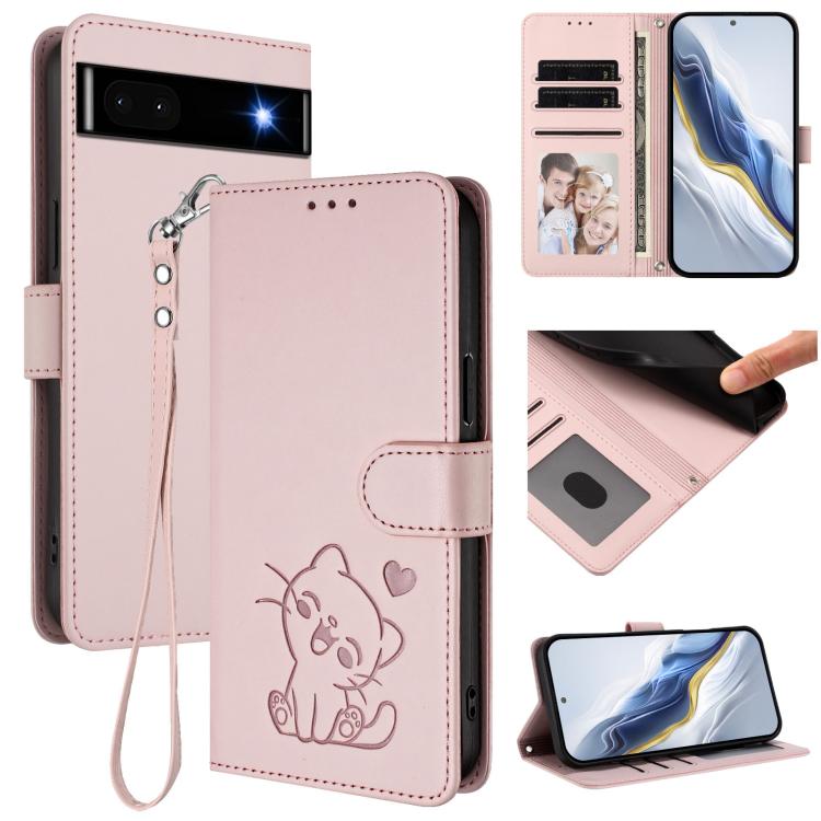 Embossed Heart Cat Leather Phone Case with Hand Strap, For Google Pixel 7a, For Google Pixel 7 Pro, For Google Pixel 7, For Google Pixel 6a