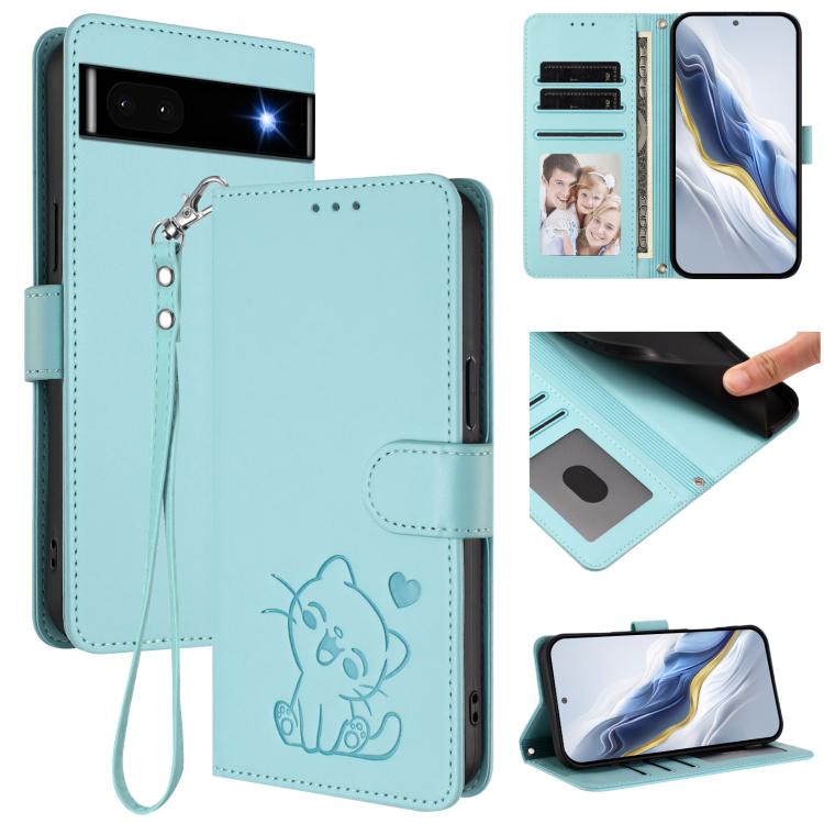Embossed Heart Cat Leather Phone Case with Hand Strap, For Google Pixel 7a, For Google Pixel 7 Pro, For Google Pixel 7, For Google Pixel 6a