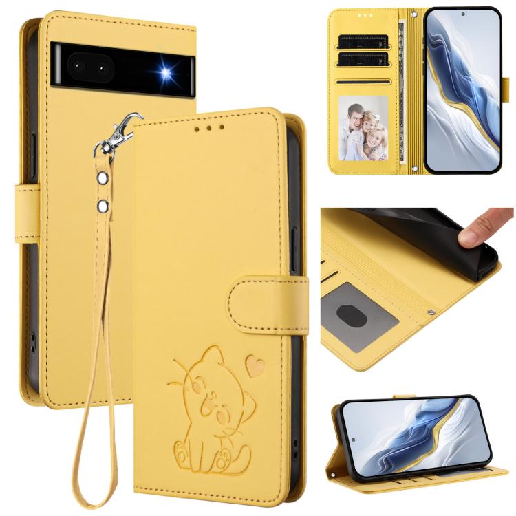 Embossed Heart Cat Leather Phone Case with Hand Strap, For Google Pixel 7a, For Google Pixel 7 Pro, For Google Pixel 7, For Google Pixel 6a