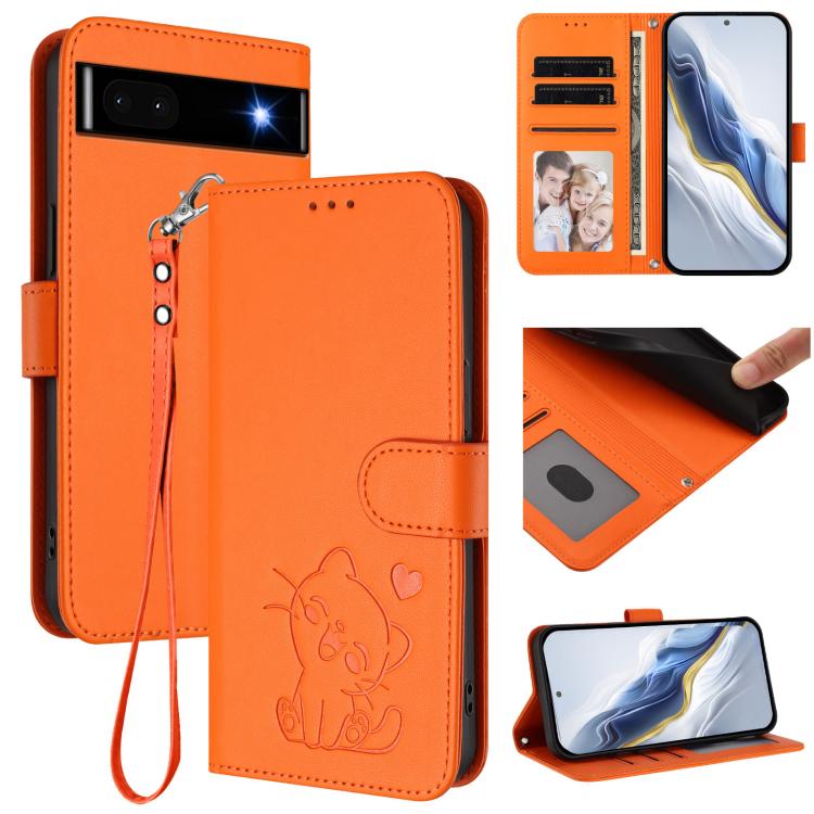 Embossed Heart Cat Leather Phone Case with Hand Strap, For Google Pixel 7a, For Google Pixel 7 Pro, For Google Pixel 7, For Google Pixel 6a