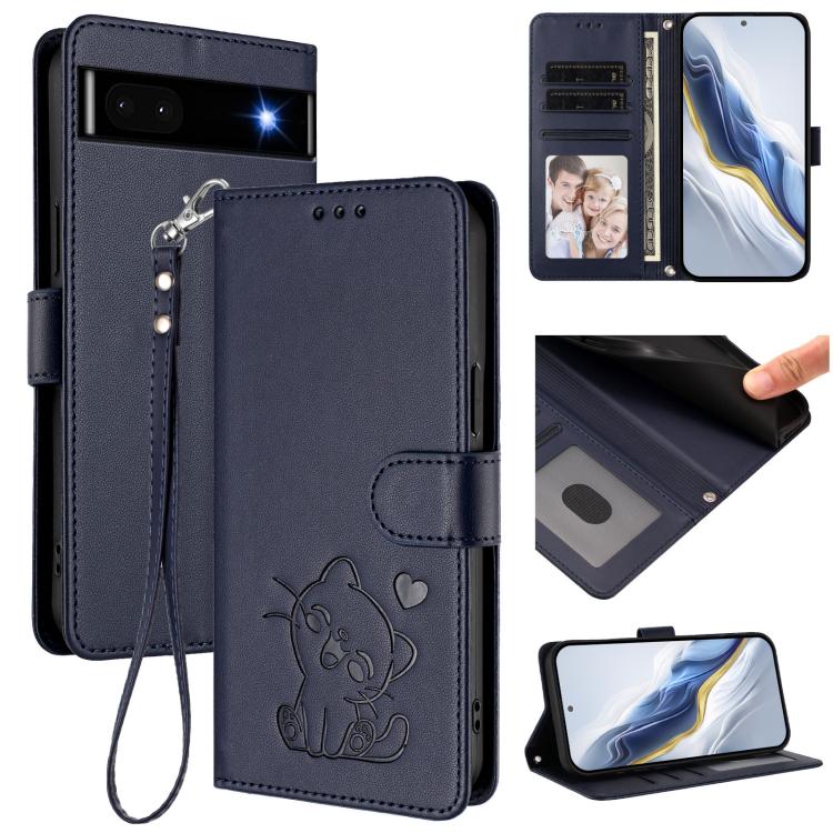 Embossed Heart Cat Leather Phone Case with Hand Strap, For Google Pixel 7a, For Google Pixel 7 Pro, For Google Pixel 7, For Google Pixel 6a
