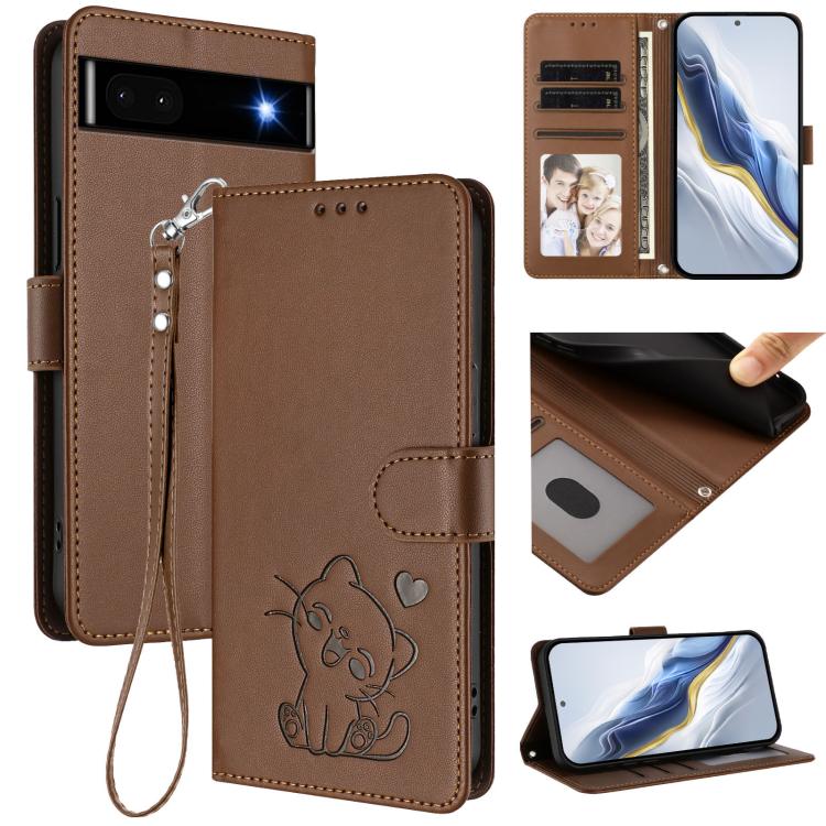 Embossed Heart Cat Leather Phone Case with Hand Strap, For Google Pixel 7a, For Google Pixel 7 Pro, For Google Pixel 7, For Google Pixel 6a