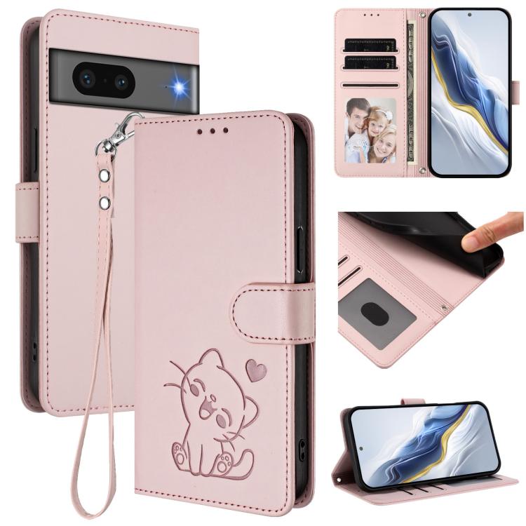 Embossed Heart Cat Leather Phone Case with Hand Strap, For Google Pixel 7a, For Google Pixel 7 Pro, For Google Pixel 7, For Google Pixel 6a