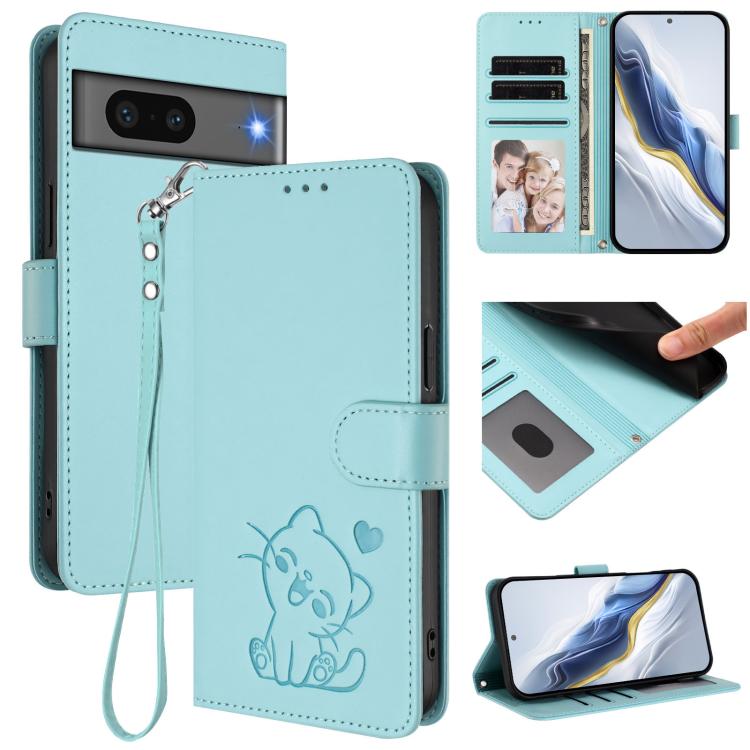 Embossed Heart Cat Leather Phone Case with Hand Strap, For Google Pixel 7a, For Google Pixel 7 Pro, For Google Pixel 7, For Google Pixel 6a