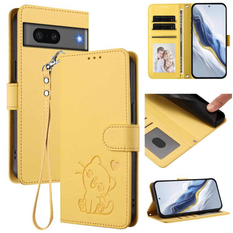 Embossed Heart Cat Leather Phone Case with Hand Strap, For Google Pixel 7a, For Google Pixel 7 Pro, For Google Pixel 7, For Google Pixel 6a