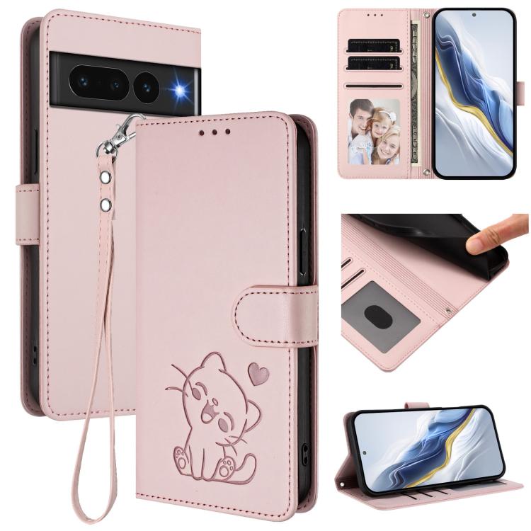 Embossed Heart Cat Leather Phone Case with Hand Strap, For Google Pixel 7a, For Google Pixel 7 Pro, For Google Pixel 7, For Google Pixel 6a