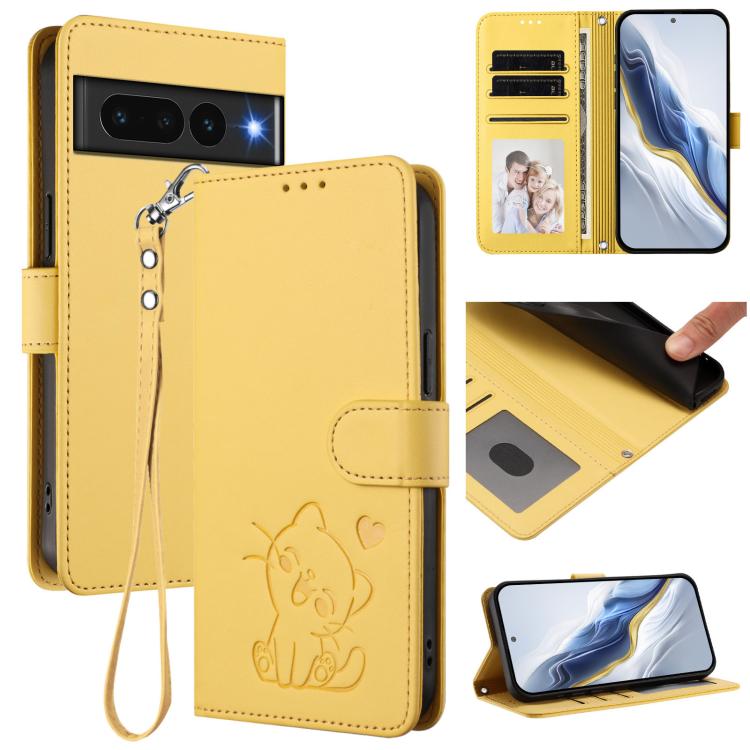 Embossed Heart Cat Leather Phone Case with Hand Strap, For Google Pixel 7a, For Google Pixel 7 Pro, For Google Pixel 7, For Google Pixel 6a