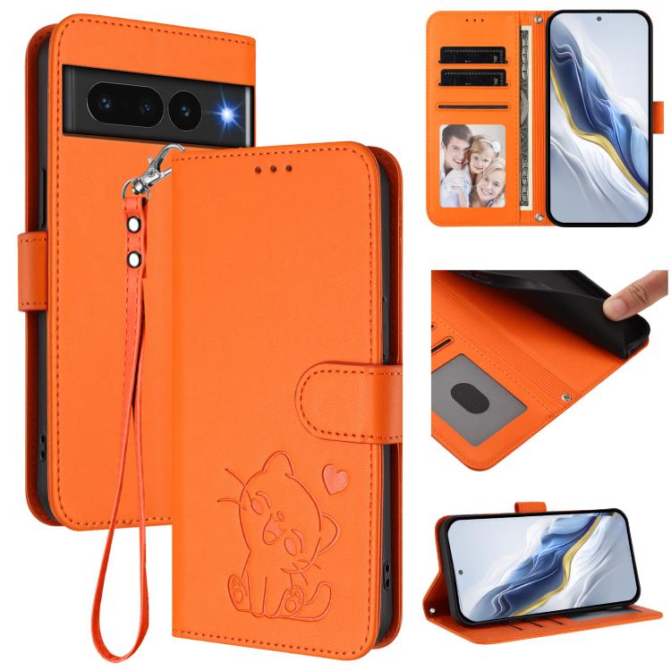 Embossed Heart Cat Leather Phone Case with Hand Strap, For Google Pixel 7a, For Google Pixel 7 Pro, For Google Pixel 7, For Google Pixel 6a