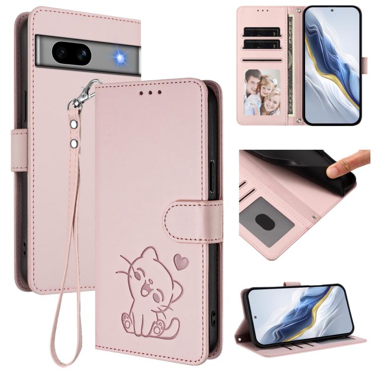 Embossed Heart Cat Leather Phone Case with Hand Strap, For Google Pixel 7a, For Google Pixel 7 Pro, For Google Pixel 7, For Google Pixel 6a