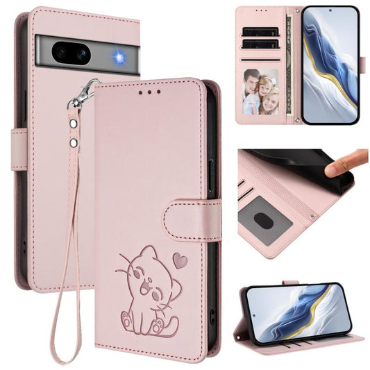 Embossed Heart Cat Leather Phone Case with Hand Strap, For Google Pixel 7a, For Google Pixel 7 Pro, For Google Pixel 7, For Google Pixel 6a