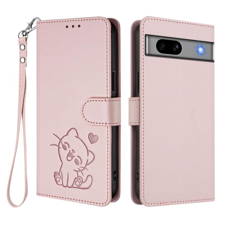 Embossed Heart Cat Leather Phone Case with Hand Strap, For Google Pixel 7a, For Google Pixel 7 Pro, For Google Pixel 7, For Google Pixel 6a