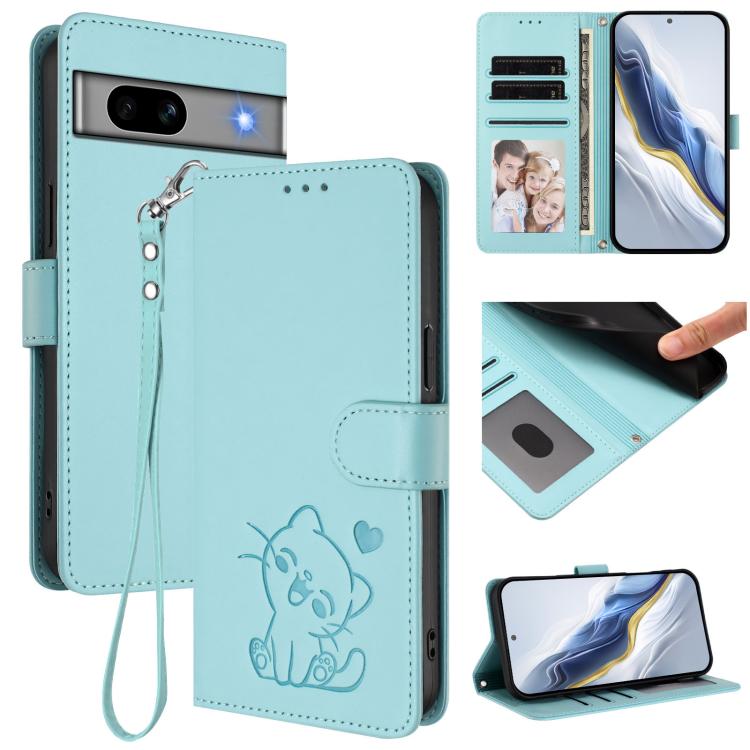 Embossed Heart Cat Leather Phone Case with Hand Strap, For Google Pixel 7a, For Google Pixel 7 Pro, For Google Pixel 7, For Google Pixel 6a