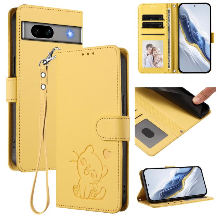 Embossed Heart Cat Leather Phone Case with Hand Strap, For Google Pixel 7a, For Google Pixel 7 Pro, For Google Pixel 7, For Google Pixel 6a