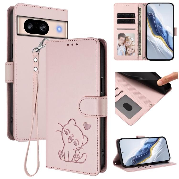 Embossed Heart Cat Leather Phone Case with Hand Strap, For Google Pixel 9a, For Google Pixel 8a, For Google Pixel 8 Pro, For Google Pixel 8
