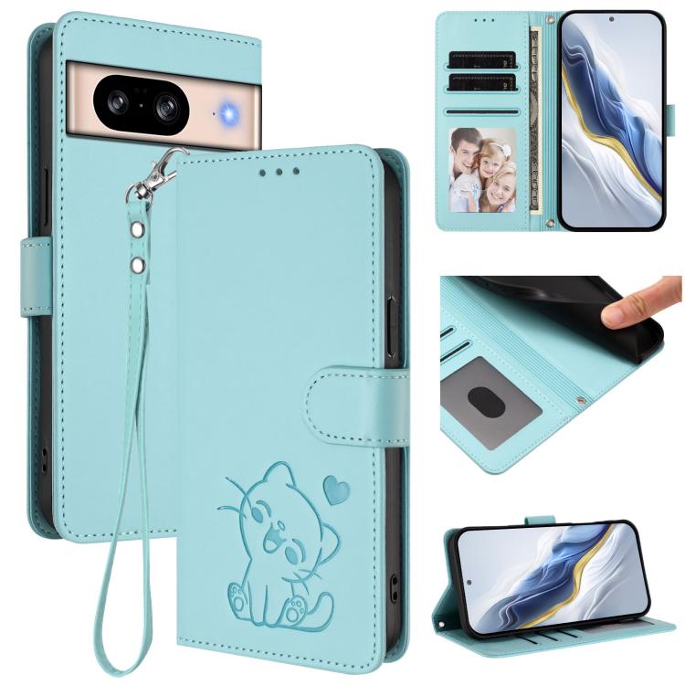 Embossed Heart Cat Leather Phone Case with Hand Strap, For Google Pixel 9a, For Google Pixel 8a, For Google Pixel 8 Pro, For Google Pixel 8