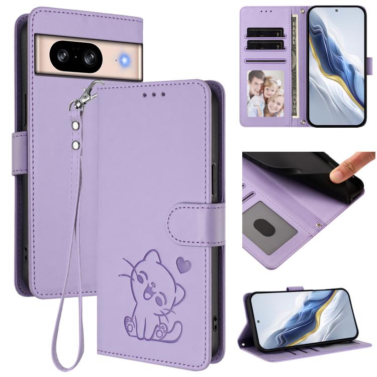 Embossed Heart Cat Leather Phone Case with Hand Strap, For Google Pixel 9a, For Google Pixel 8a, For Google Pixel 8 Pro, For Google Pixel 8